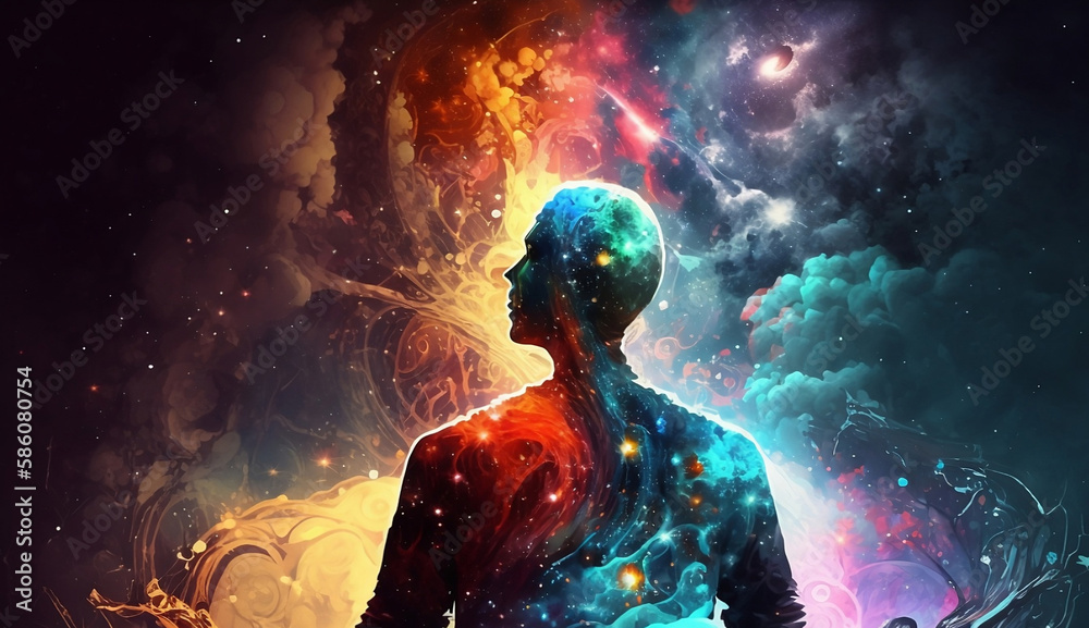 Space man meditating new quality universal colorful technology stock image illustration design, generative ai Space man meditating new quality universal colorful technology stock image illustration design, generative ai