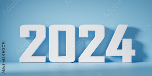 2024 New Year. White 3d text 2023 on yellow background. Start new year 2024 with plan, goal, action plan, strategy, new year business vision. wide banner. 3d illustration