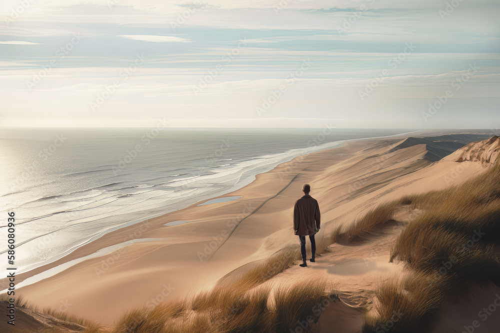 man standing on top of a large sand dune, looking out across a vast landscape towards the ocean in the coastal region, AI Generated