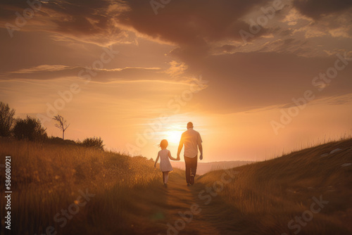 loving bond between a father and his daughters, set against the stunning backdrop of a sunset, AI Generated