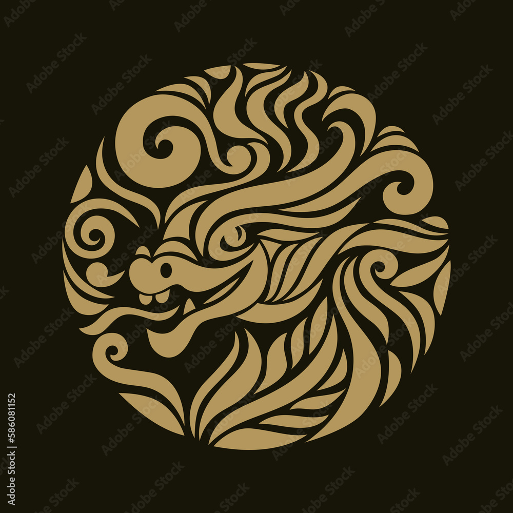 Chinese Happy New Year 2024. Year of the Dragon. Greetings card, emblem, round label design. Gold ornament on a black