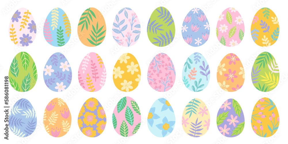 Easter eggs with floral ornaments set. Spring holiday symbol. Eggs flowers and leaves flat design. Colorful Easter eggs collection.