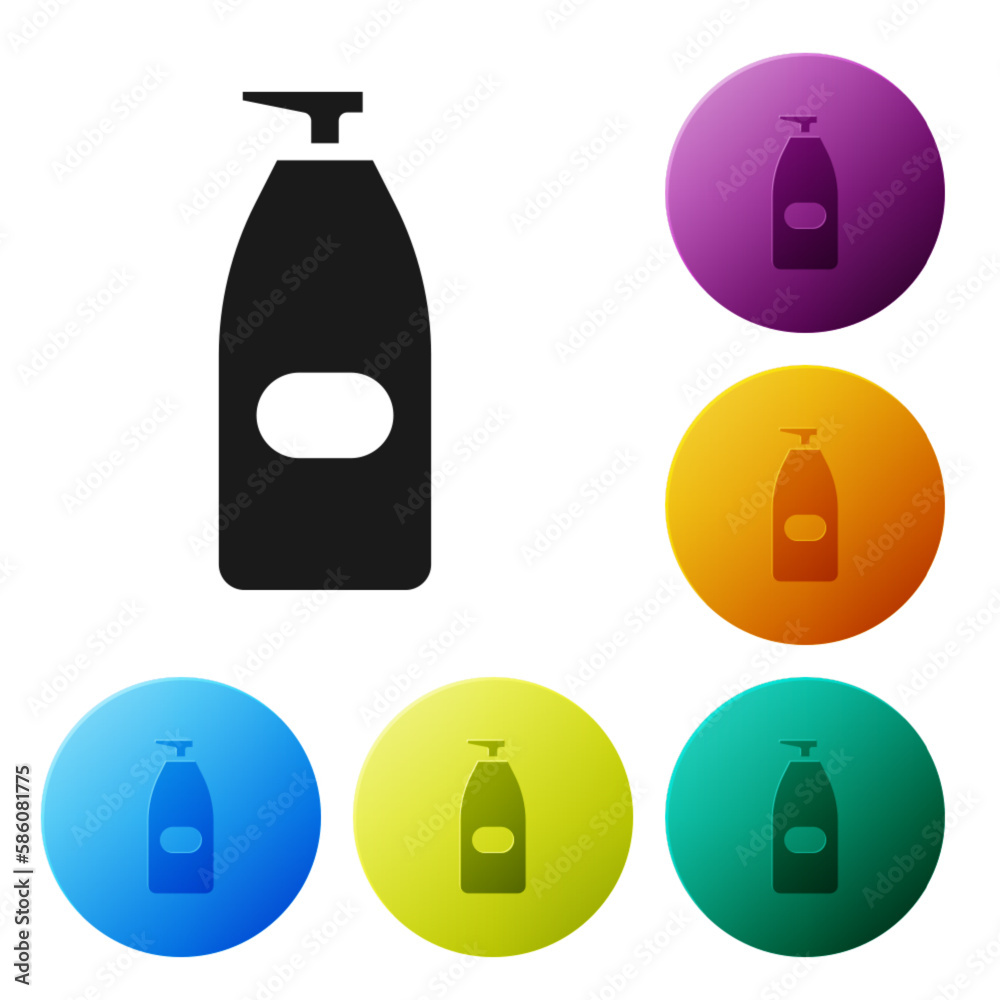 Black Bottle of liquid antibacterial soap with dispenser icon isolated on white background. Antiseptic. Disinfection, hygiene, skin care. Set icons in color circle buttons. Vector Illustration Black Bottle of liquid antibacterial soap with dispenser icon isolated on white background. Antiseptic. Disinfection, hygiene, skin care. Set icons in color circle buttons. Vector Illustration
