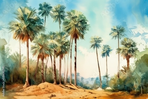Illustration of palm trees standing tall in a desert landscape created with Generative AI technology © AkuAku