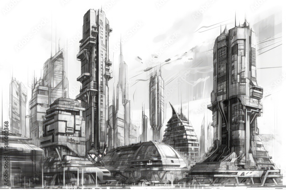 futuristic cityscape in black and white created with Generative AI technology