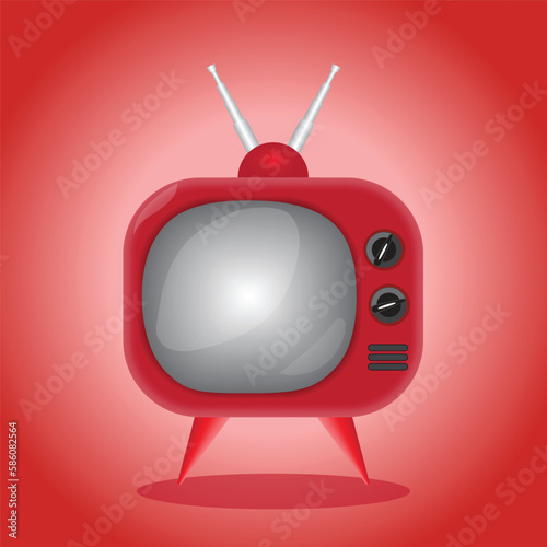 3d retro tv icon of television set in cartoon style with red background.