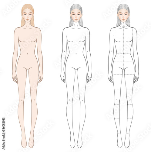 Fashion figure template with an illustrated Asian face. 9-head Fashion croquis for technical drawing. Woman's figure front view. girl model template for fashion sketching and fashion illustrations.CAD