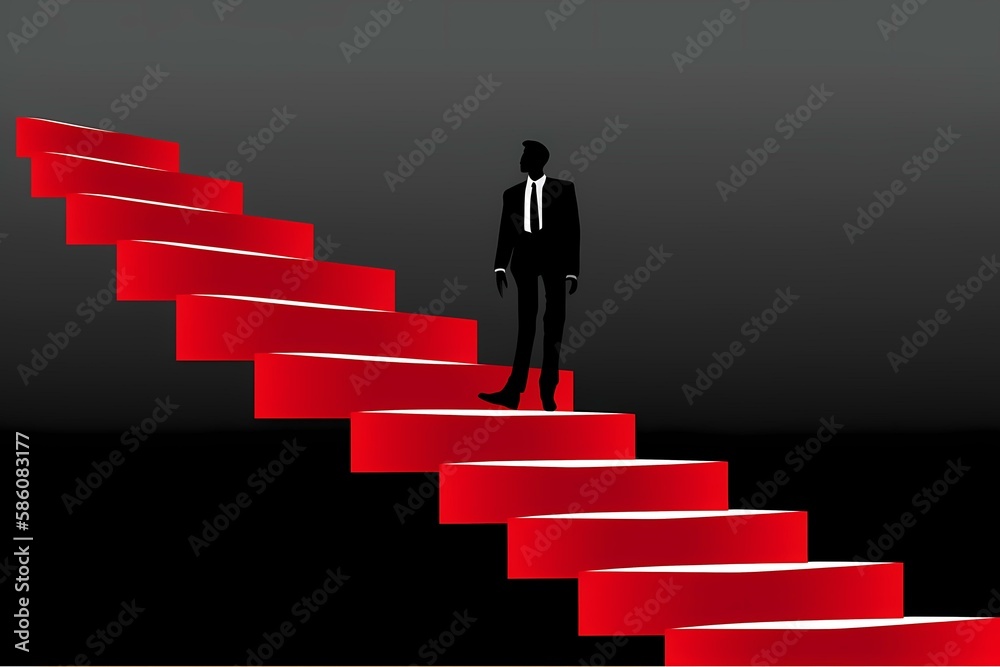 ﻿A person standing on a red staircase - Generative AI