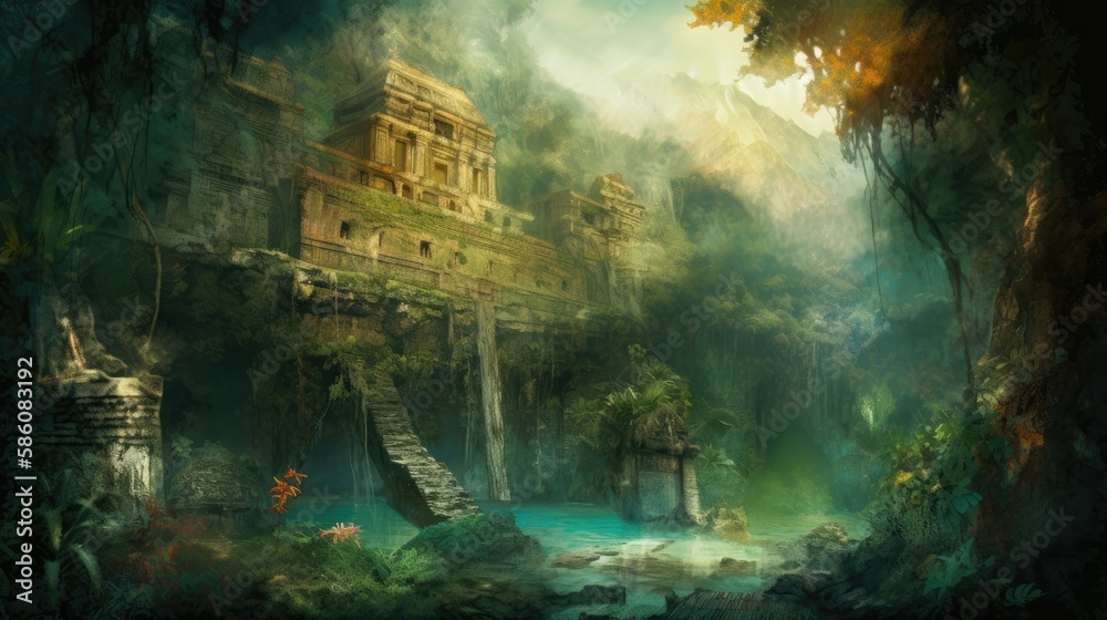A mystical and mysterious place with ancient ruins, hidden caves, and ...