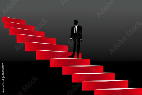 ﻿A person standing on a red staircase - Generative AI