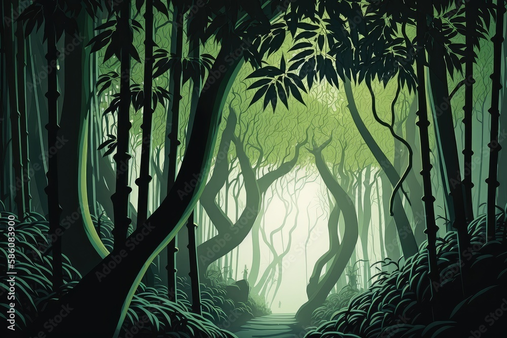bamboo forest with gnarled tree trunks and dense canopy of leaves ...