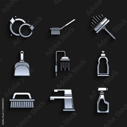 Set Shower head with water drops flowing, Cleaning spray bottle detergent liquid, Plastic bottles for dishwashing, Brush cleaning, Dustpan, Squeegee, scraper, wiper and Washing dishes icon. Vector