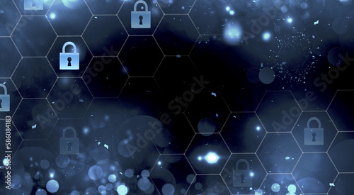  Cyber, personal data, privacy and information security. Internet networking  protection security system concept. Padlock icon. Banner. Copy space.