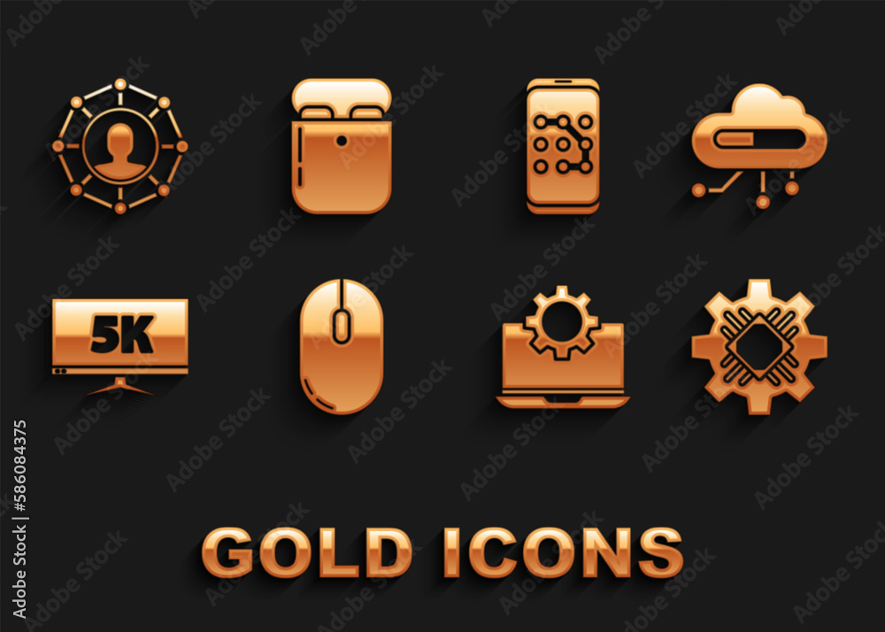Set Computer mouse, Internet of things, Processor, Laptop and gear, Monitor display with 5k video, Mobile graphic password protection, Project team base and Air headphones box icon. Vector Set Computer mouse, Internet of things, Processor, Laptop and gear, Monitor display with 5k video, Mobile graphic password protection, Project team base and Air headphones box icon. Vector
