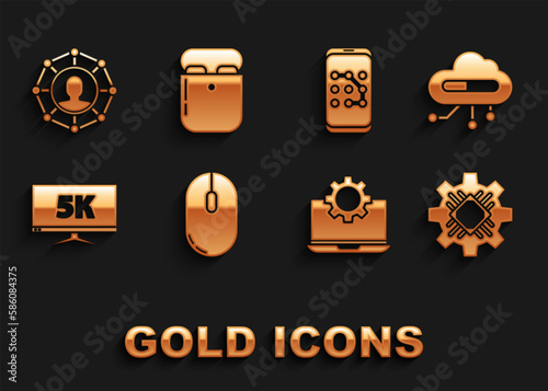 Set Computer mouse, Internet of things, Processor, Laptop and gear, Monitor display with 5k video, Mobile graphic password protection, Project team base and Air headphones box icon. Vector