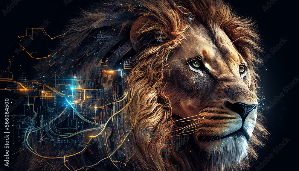 Löwe auf technologischem Hintergrund