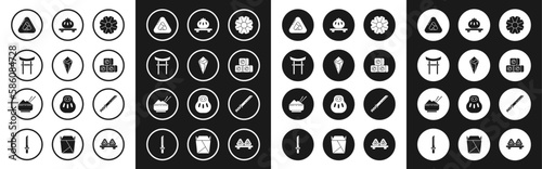 Set Flower, Temaki roll, Japan Gate, Sushi, Dumpling on cutting board, Traditional Japanese katana and Rice bowl with chopstick icon. Vector
