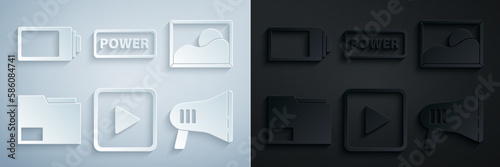 Set Play in square, Picture landscape, Document folder, Megaphone, Power button and Battery charge level indicator icon. Vector