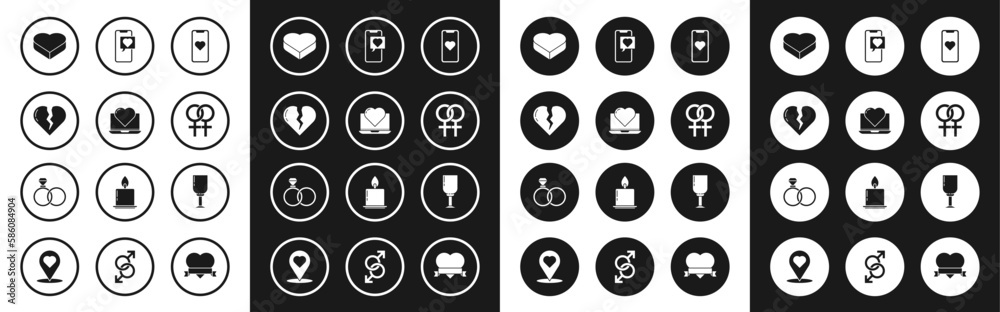 Set Mobile phone with heart, Laptop, Broken or divorce, Candy in shaped box, Female gender symbol, Smartphone speech bubble, Wine glass and Wedding rings icon. Vector Set Mobile phone with heart, Laptop, Broken or divorce, Candy in shaped box, Female gender symbol, Smartphone speech bubble, Wine glass and Wedding rings icon. Vector