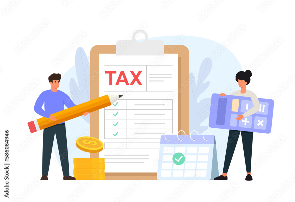 Filing  tax return. Flat vector illustration of taxation concept. Characters preparing documents for income taxes.