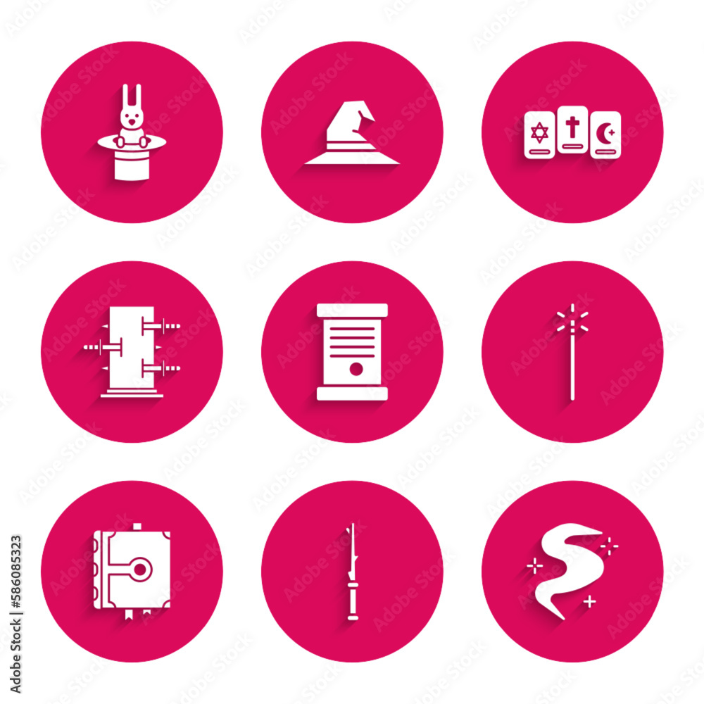 Set Decree, paper, parchment, scroll, Magic wand, fog or smoke, Ancient magic book, Trunk for tricks, Three tarot cards and Magician hat rabbit icon. Vector Set Decree, paper, parchment, scroll, Magic wand, fog or smoke, Ancient magic book, Trunk for tricks, Three tarot cards and Magician hat rabbit icon. Vector