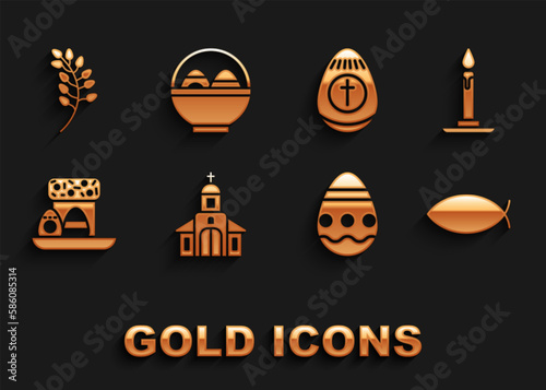 Set Church building, Burning candle candlestick, Christian fish, Easter egg, cake eggs, Willow leaf and Basket with easter icon. Vector © Oksana