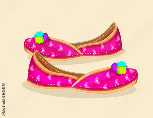 Traditional Indian punjabi beautiful party wear ladies (shoes) jutti isolated on background. The jutti is the traditional footwear of North India. Woman footwear vector.