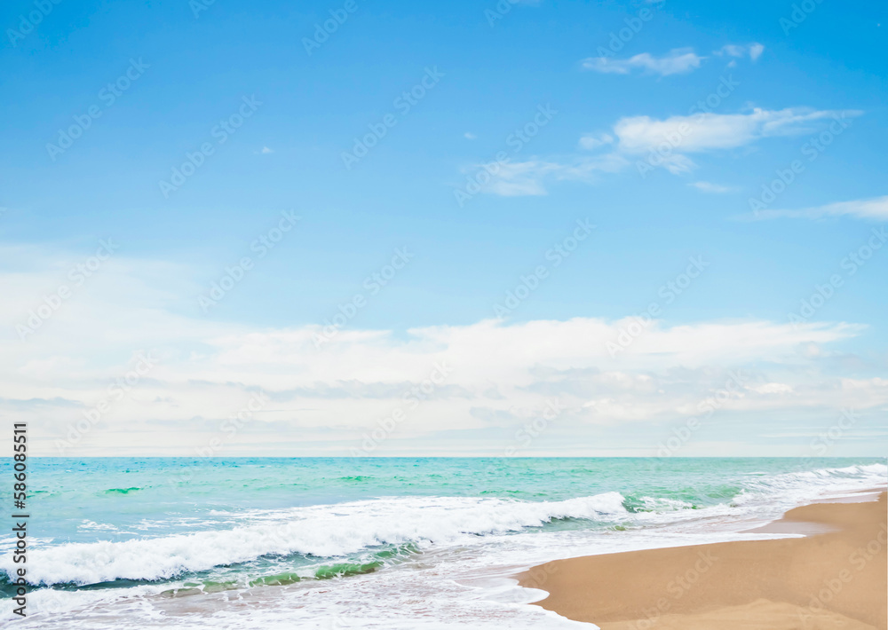 Beach Sand with Sea Shore Water Summer and Blue Sky Background,Cloud White with Wave Ocean Island at Coast,Beautiful Seascape Nature Space,for Tourism Vacation Travel Summer Holidays.