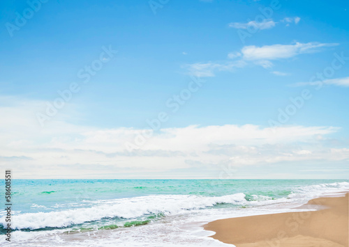Beach Sand with Sea Shore Water Summer and Blue Sky Background Cloud White with Wave Ocean Island at Coast Beautiful Seascape Nature Space for Tourism Vacation Travel Summer Holidays.
