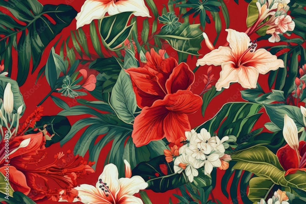 Red and White Floral Wallpaper with Green Leaves Pattern created with Generative AI technology