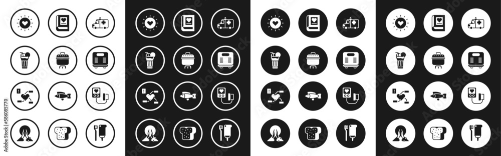 Set Ambulance and emergency car, Cooking pot, Fresh smoothie, Sun, Bathroom scales, Medical book, Blood pressure and Attention to health heart icon. Vector Set Ambulance and emergency car, Cooking pot, Fresh smoothie, Sun, Bathroom scales, Medical book, Blood pressure and Attention to health heart icon. Vector