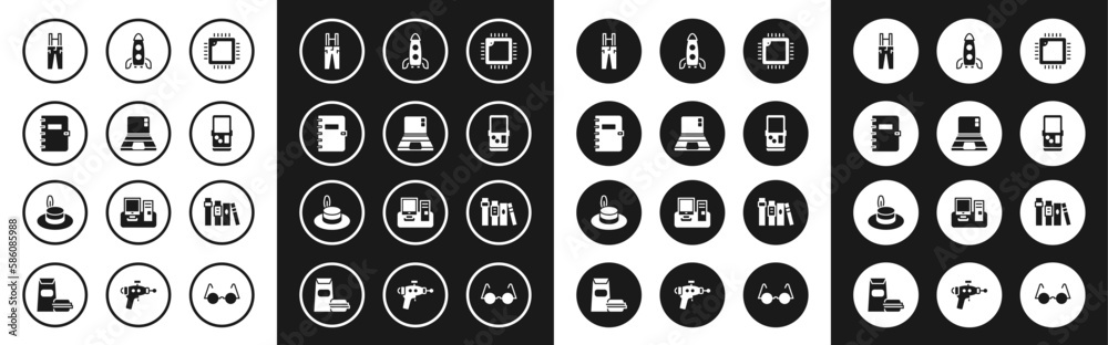 Set Processor with CPU, Laptop, Spiral notebook, Pants suspenders, Tetris, Rocket ship, Book and Man hat icon. Vector Set Processor with CPU, Laptop, Spiral notebook, Pants suspenders, Tetris, Rocket ship, Book and Man hat icon. Vector