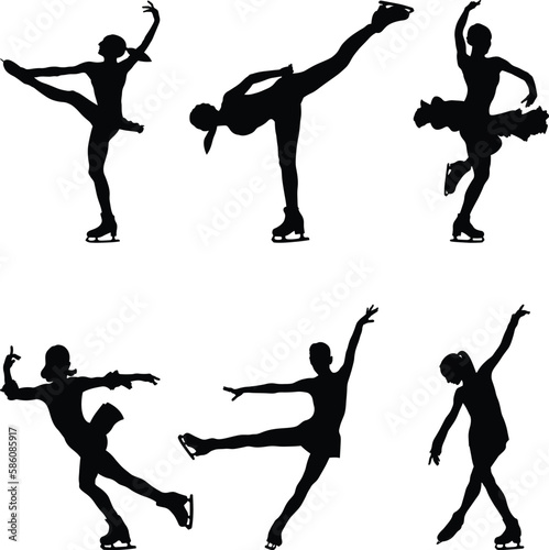 set black silhouette girl skater figure skating on white background, sports vector illustration, winter olympic sports