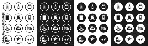 Set Processor with CPU, Laptop, Spiral notebook, Pants suspenders, Tetris, Rocket ship, Book and Man hat icon. Vector
