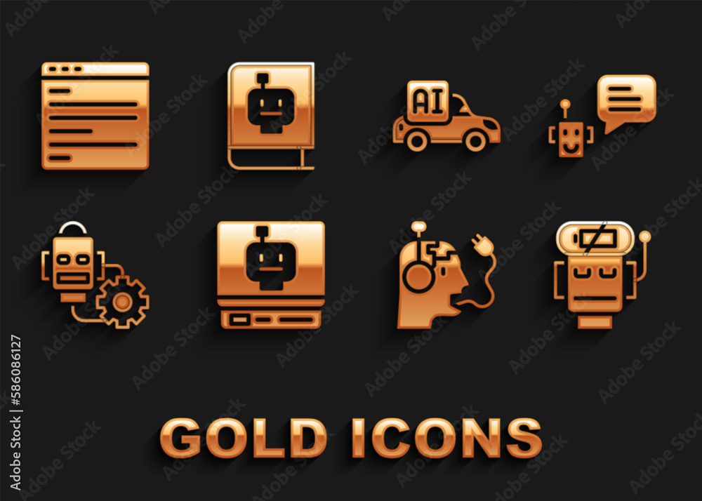 Set Robot, Bot, low battery charge, charging, setting, Autonomous smart car, Computer api interface and User manual icon. Vector Set Robot, Bot, low battery charge, charging, setting, Autonomous smart car, Computer api interface and User manual icon. Vector
