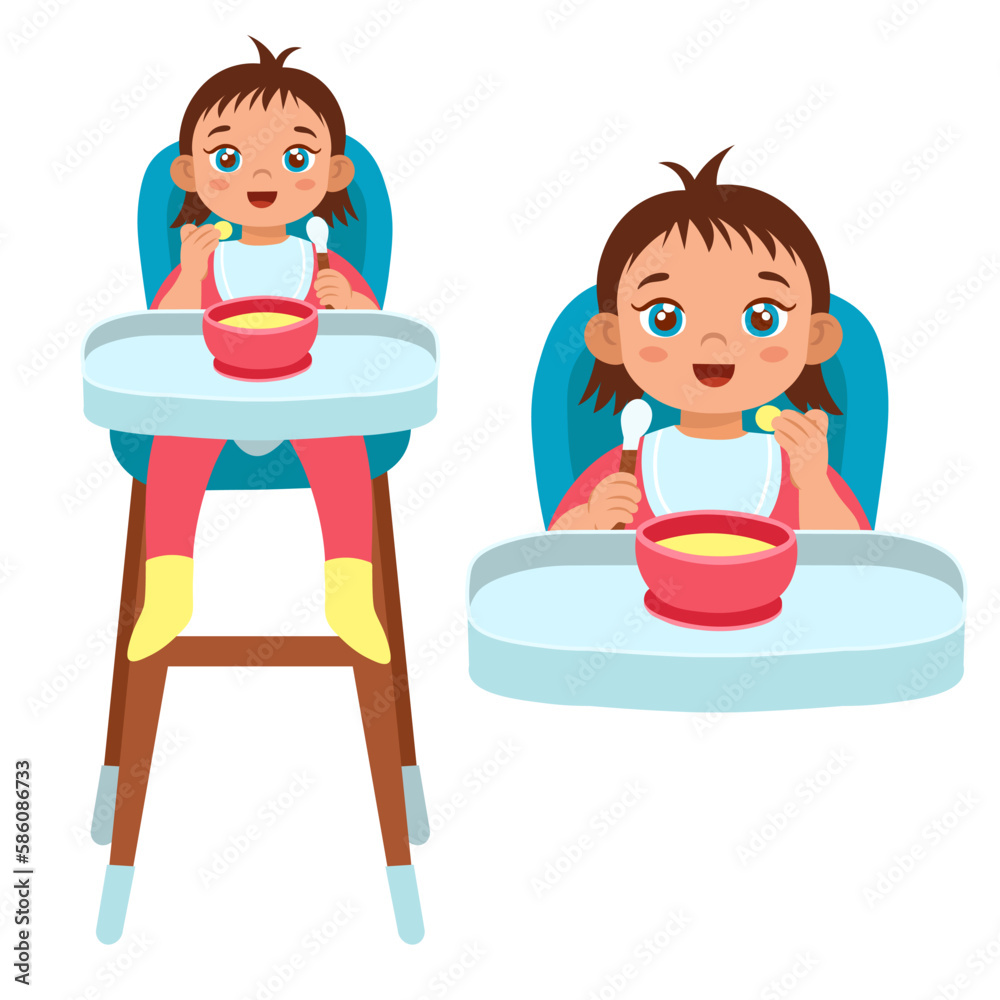 Child learning to eat with a spoon. Feeding baby porridge sitting on a chair. Сartoon style illustration.
Child learning to eat with a spoon. Feeding baby porridge sitting on a chair. Сartoon style illustration.