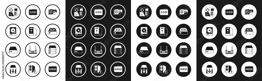 Set Video graphic card, Case of computer, Hard disk drive HDD, Motherboard digital chip, Computer cooler, SSD, Server, Data, Web Hosting and icon. Vector