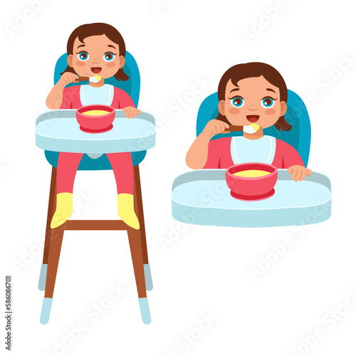 Child learning to eat with a spoon. Feeding baby porridge sitting on a chair. Сartoon style illustration.
