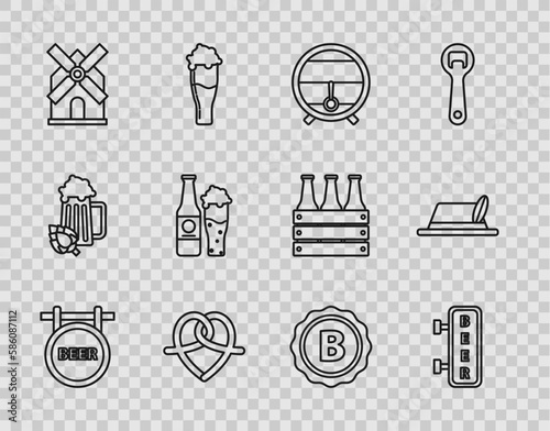 Set line Street signboard with inscription Beer, Wooden barrel rack stopcock, Pretzel, Windmill, bottle and glass, Bottle cap beer and Oktoberfest hat icon. Vector