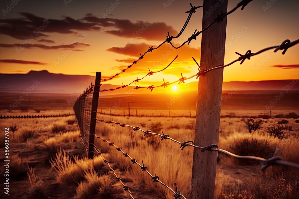 barbed-wire fence with a view of the sunrise over the horizon, created ...
