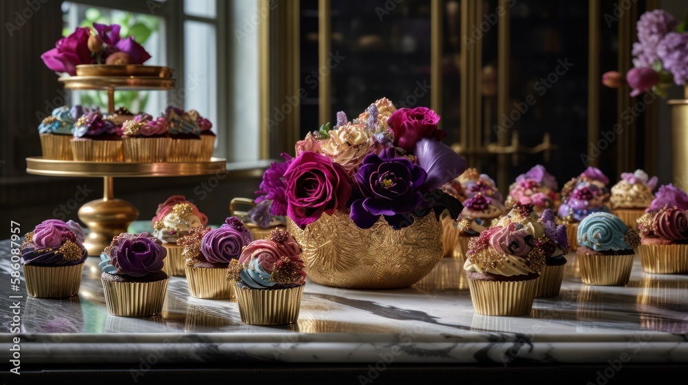 Beautiful Luxury Vanilla Cup Cakes with Golden Leaf, Flowers,  Decorations on Moody backdrop Background AI Generative