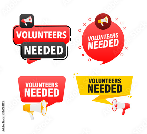 Megaphone label set with text Volunteers Needed. Volunteers Needed announcement banner