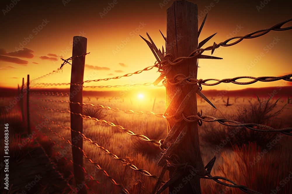 barbed wire fence, with sun setting behind it, casting a warm glow ...