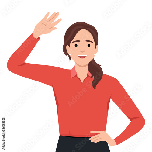 young good looking woman doing greet pose and say hi