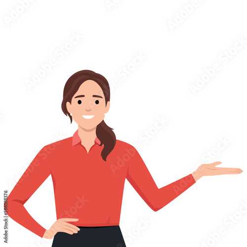 Smiling girl showing open hand palm with copy space banner