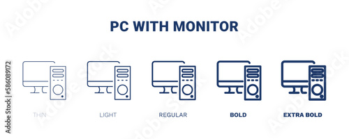 pc with monitor icons. Thin, light, regular, bold, black pc with monitor, computer icon set from computer and tech collection. Editable pc with monitor symbol can be used web and mobile