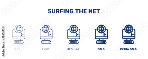 surfing the net icons. Thin, light, regular, bold, black surfing the net, internet icon set from computer and tech collection. Editable surfing the net symbol can be used web and mobile