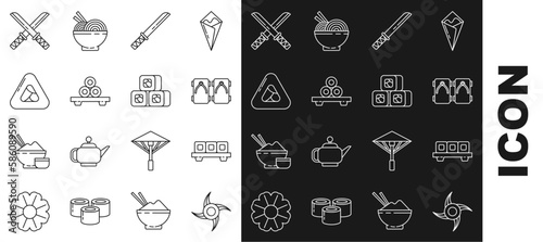 Set line Japanese ninja shuriken, Sushi on cutting board, Geta traditional shoes, Traditional katana, and icon. Vector