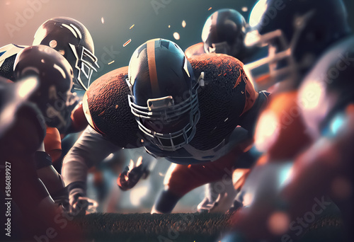 illustration of American football players in game, touchdown at ight stadium lights. Ai photo