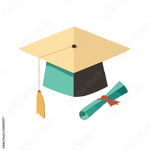 Graduation cap and diploma. Concept for happy graduation poster or card template design. Flat vector illustration